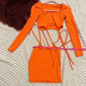 Orange Ribbed Two-Piece Skirt Set (S)